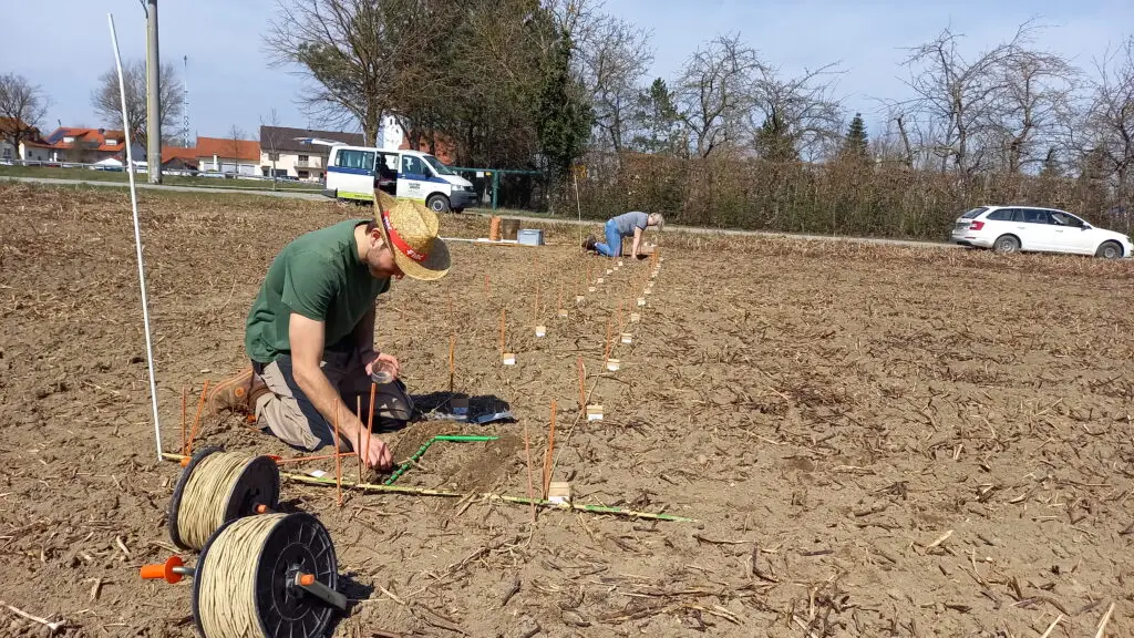 Zwei Personen knien in Feld
